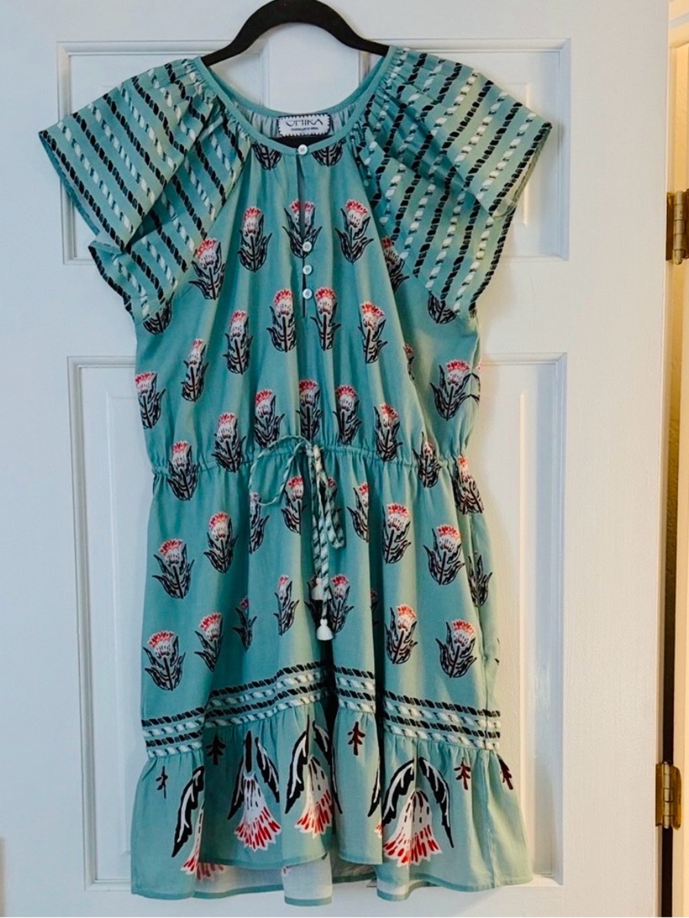 Floral Print Sage Green Mini Dress with Tie Waist
